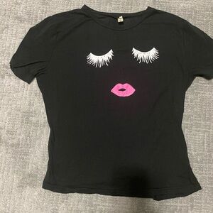 Black T-Shirt with Eyelash and Lip Design 2XL